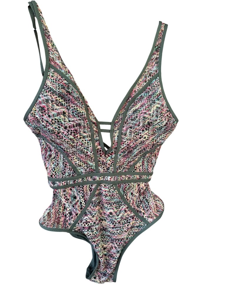 Becca Crochet One Piece Swimsuit Small?Multicolor Monokini Strappy Back Swimwear